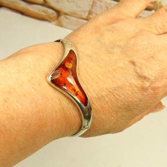 MODERNIST AMBER 925 SILVER BANGLE BRACELET HINGED RARE - Picture 6 of 10